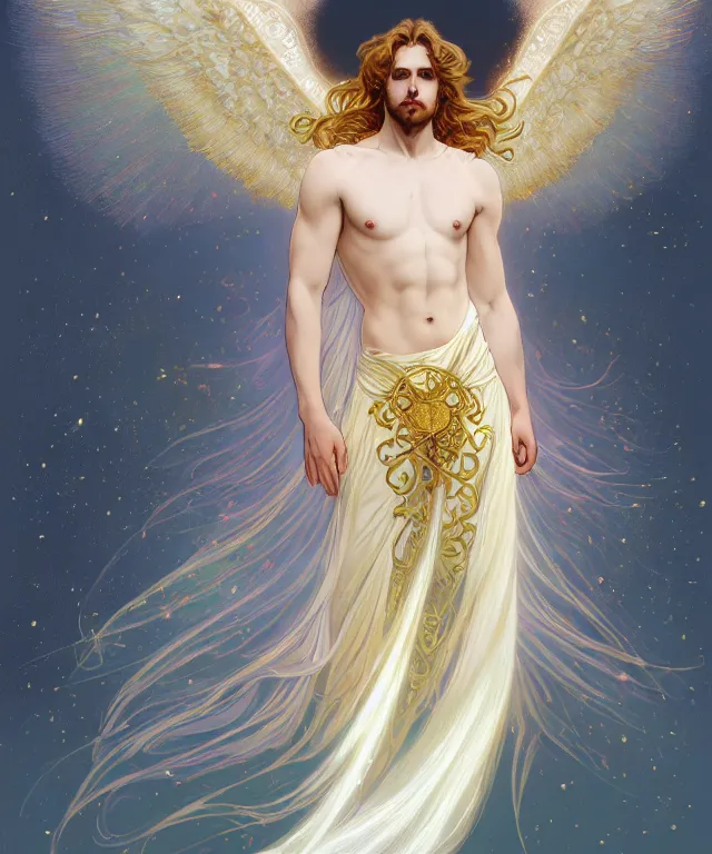 Image similar to fullbody symmetrical portrait of a beautiful young fit male angel with curly blond hairs, full dressed in long fluent clothes, majestic big dove wings, luminous halo, by greg rutkowski and alphonse mucha, gradient white to gold, in front of an iridescent background, highly detailed portrait, digital painting, artstation, concept art, smooth, sharp focus illustration