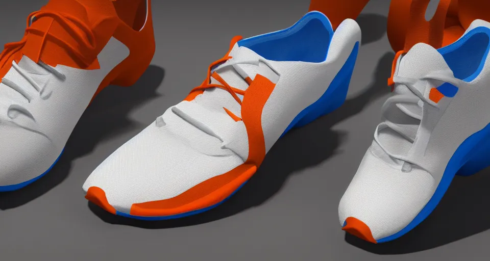 Image similar to concept running shoe in white, blue, and orange. artstation, octane render, 8 k, high quality, sharp focus.