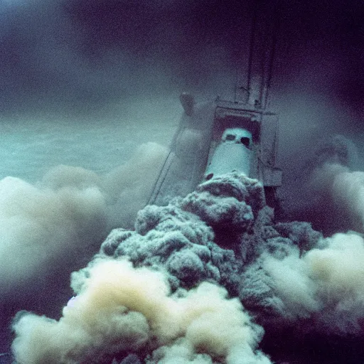 Prompt: thick clouds, moody, smoke, colorized,!!! sunk on the ocean floor, shipwreck, dramatic light, ultrafine, hyperrealistic, 3 2 k, 3 5 mm film still, movie