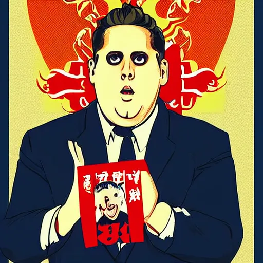 Image similar to NO JONAH HILL ALLOWED. JONAH HILL is the subject of this ukiyo-e hellfire eternal damnation catholic strict propaganda poster rules religious. WE RULE WITH AN IRON FIST. mussolini. Dictatorship. Fear. 1940s propaganda poster. ANTI JONAH HILL. 🚫 🚫 JONAH HILL. POPE. art by joe mugnaini. art by dmitry moor. Art by Alfred Leete.