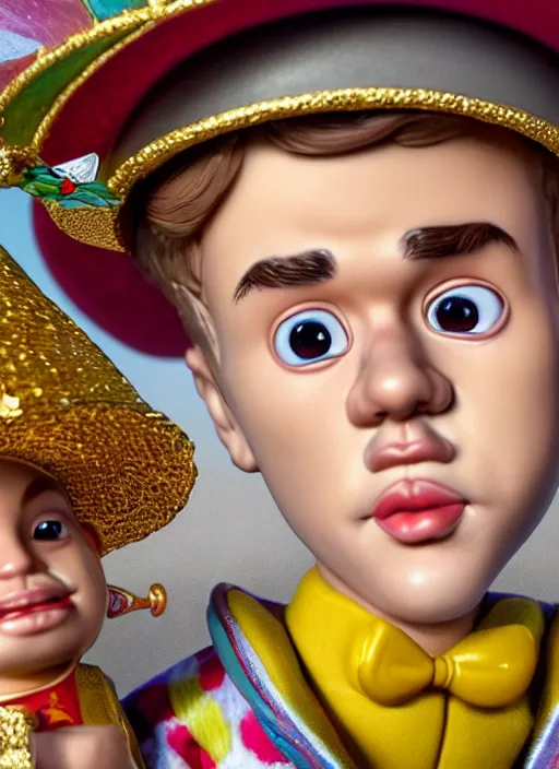 Image similar to highly detailed closeup, face profile portrait of justin bieber as a tin toy fairy - tale wizard wearing a sombrero eating ice cream, unreal engine, nicoletta ceccoli, mark ryden, earl norem, lostfish, global illumination, detailed and intricate environment