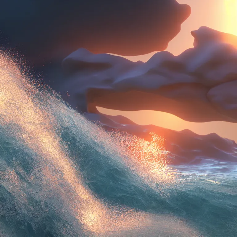 Image similar to a cinematic shot of an epic wave at sunset, octane render, volumetric lighting, nvidia raytracing demo, by Andy Thomas, Mario Martinez, Daniel Mirante, Gustave Dore, Artstation, CGsociety, masterpiece