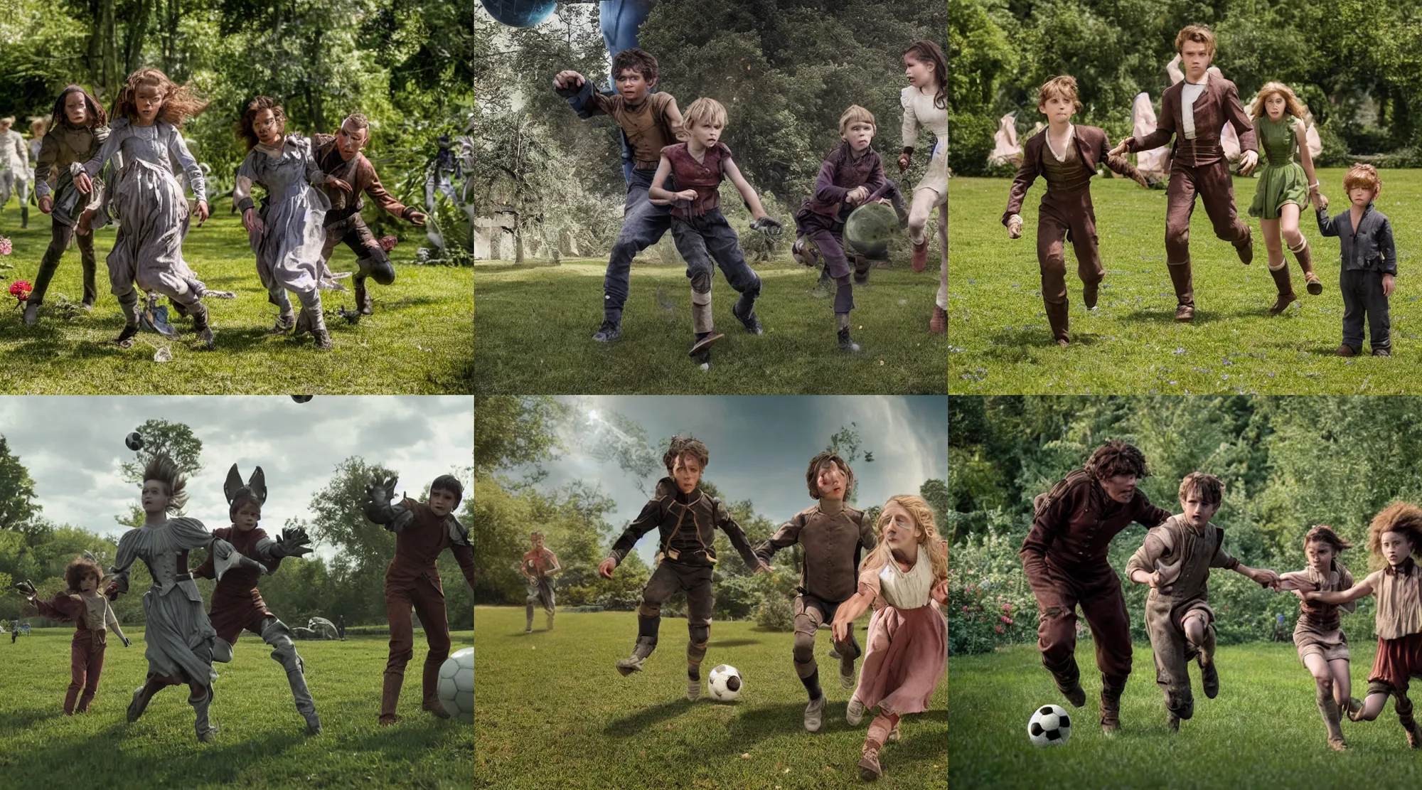 Prompt: still from a sci fi blockbuster movie made in 2022, set in 1860, a boy and a girl are playing soccer with an humanoid alien, the boy and girl are wearing 1850s era clothes, in a park full of alien plants and flowers, on an alien planet, good lighting, 8k, in focus faces, good photography, oscar winner