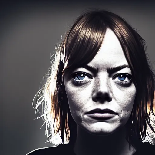 Image similar to Emma Stone, grungy, unkept hair, glowing eyes, modelsociety, wet from rain, radiant skin, huge anime eyes, bright on black, dramatic, studio lighting, perfect face, intricate, Sony a7R IV, symmetric balance, polarizing filter, Photolab, Lightroom, 4K, Dolby Vision, Photography Award