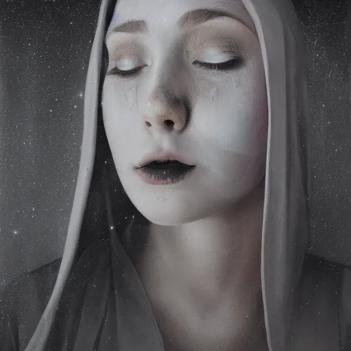 Image similar to gorgeous robed cult girl performing realism third eye ritual, dark theme night time, expanding electric energy waves into the ethereal realm, epic surrealism 8k oil painting, portrait, perspective, high definition, post modernist layering, by Sean Yoro-H 777