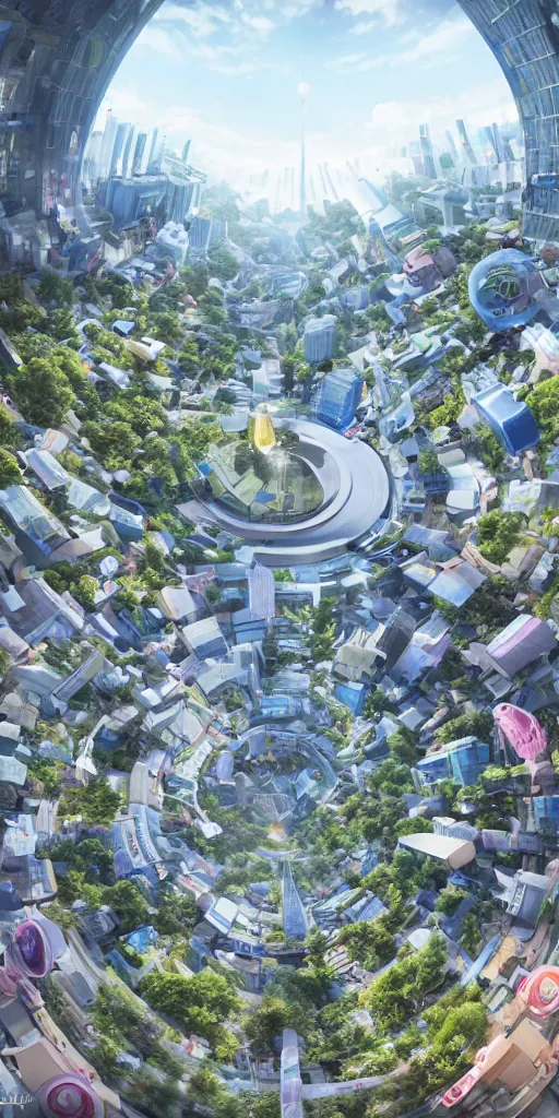 Image similar to Bustling photorealistic!!! utopian city reimagined by Max Hay, inverted fisheye lens!!!, eyelevel!!! view!!! photography, trending on artstation, 4k, 8k, lens distortion, chromatic aberration, soft focus blur, photorealistic imagery, photorealistic details, intricate, highly detailed, artstation 3d, artstation render, artstation 3d render, 3d art, unreal engine 3d, octane 3d, blender 3d, 3d landscape