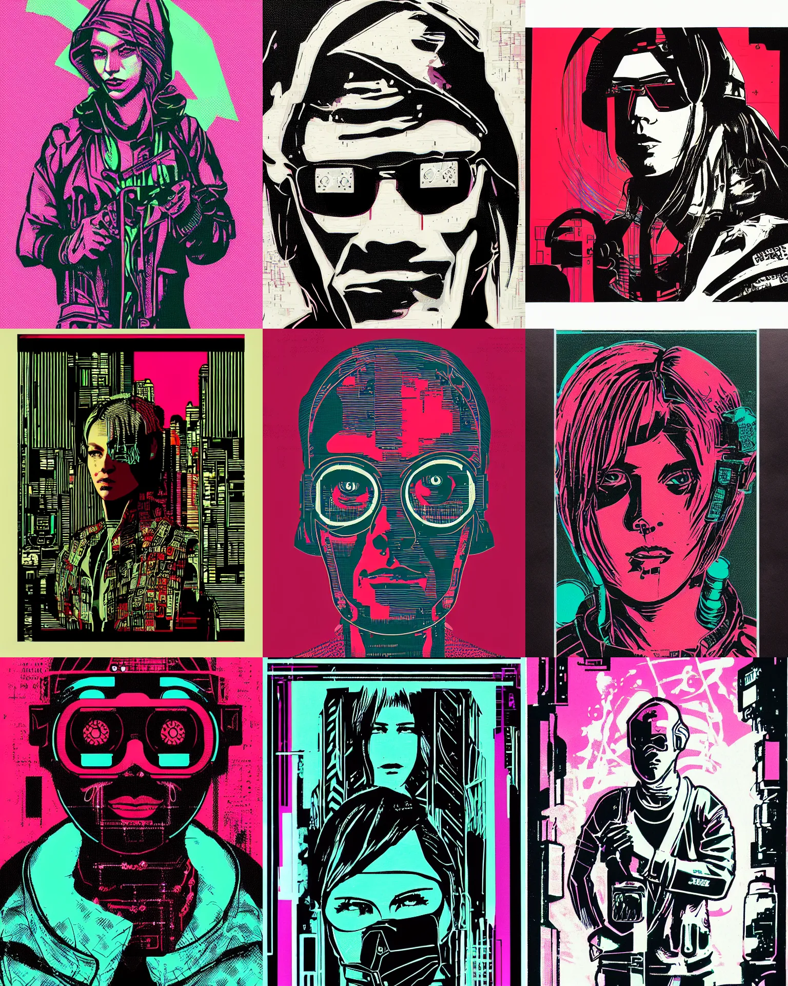 Prompt: a silkscreen cyberpunk portrait