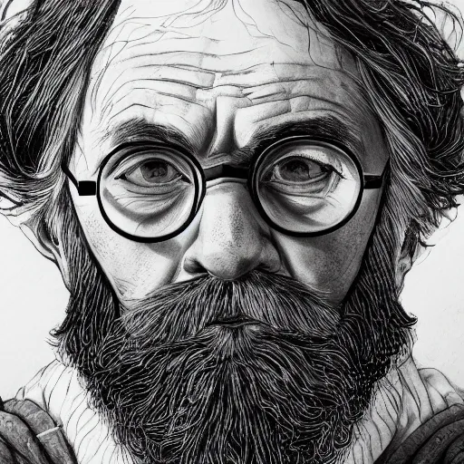 Prompt: a close up portrait of a bearded harry potter as an old man, art station, highly detailed, concept art, sharp focus, illustration in pen and ink, wide angle, by Kentaro Miura