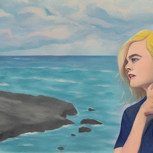 Prompt: painting of Elle Fanning looking at the ocean, in the style of the New Mutants comics