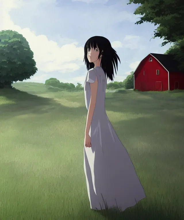 Image similar to a young woman in the shadow! of a red barn!. black hair, white! dress, sharp focus, wide angle, studio ghibli, trending on artstation