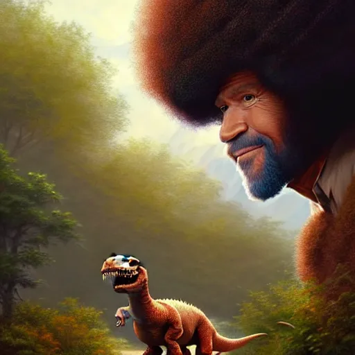 Image similar to bob ross!!! riding!!! a dinosaur!!, giant afro!, model pose, ultra realistic, concept art, intricate details, highly detailed, photorealistic, octane render, 8 k, unreal engine. art by artgerm and greg rutkowski and alphonse mucha