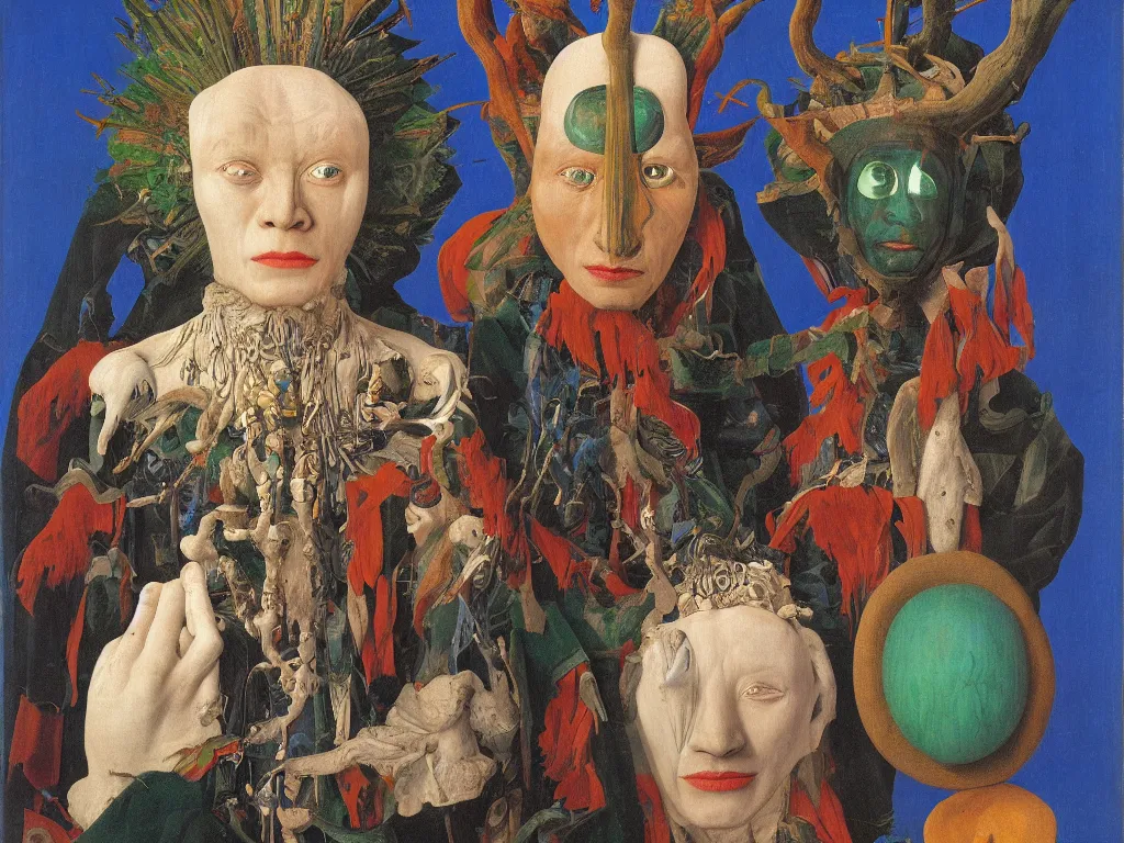 Image similar to Portrait of albino mystic with blue eyes, with totemic archaic mask made from Malachite Painting by Jan van Eyck, Audubon, Rene Magritte, Agnes Pelton, Max Ernst, Walton Ford