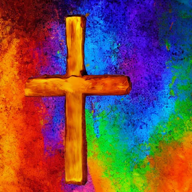 Image similar to wooden cross in rainbow flames, finger painting
