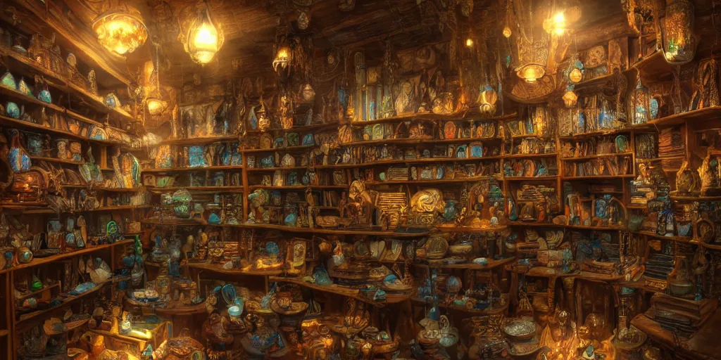 Image similar to Inside an old Magical Shop, Magic Items on shelves, books, beautiful labels, fantasy vendor interior, wide angle, highly detailed, rich bright colors, trending on artstation