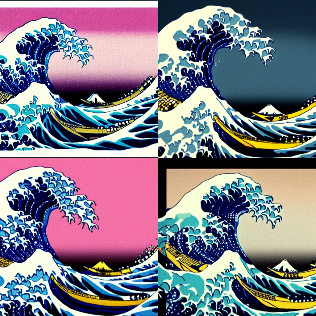 Prompt: The Great Wave off Kanagawa in a vapour wave style