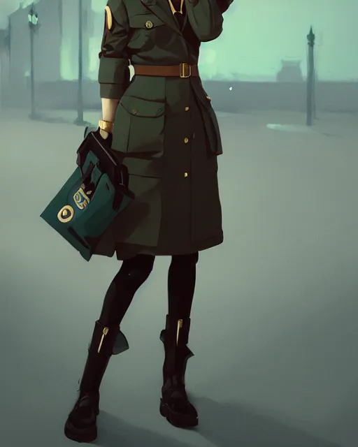 Image similar to young woman with shoulder length light brown hair and hazel eyes dressed in a sharp dark teal military uniform and beret, blurred city background in twilight lighting, ilya kuvshinov, anime, greg rutkowski, guweiz, ross tran, artstation trending, artgerm, concept art, digital painting, painterly