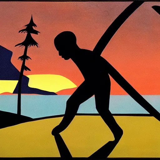 Image similar to a scenic view of a kid on a florest t with a ghost that shines near to a lake, pale light, a realistic colorful painting by Aaron Douglas