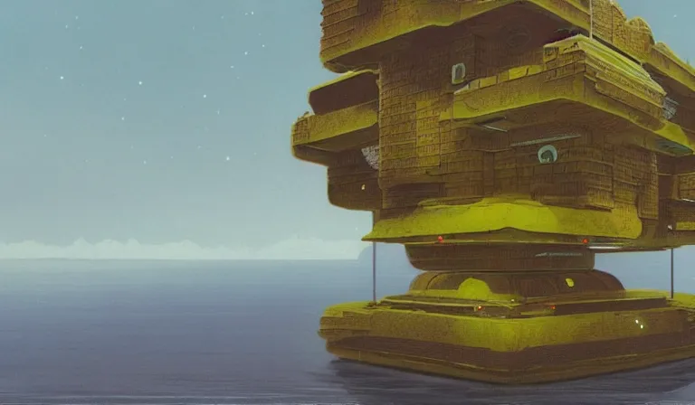 Prompt: A serene landscape with a singular building in the style of Chris Foss.