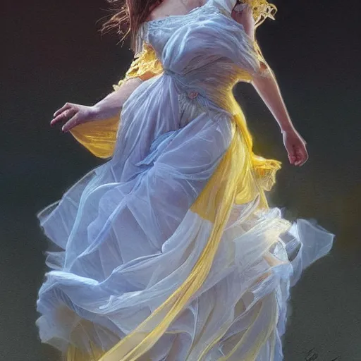 Prompt: a woman in a yellow organza dress dancing, fantasy character portrait, ultra realistic, intricate, elegant, highly detailed, digital painting, artstation, smooth, sharp, focus, illustration, art by artgerm and greg rutkowski and alphonse mucha,