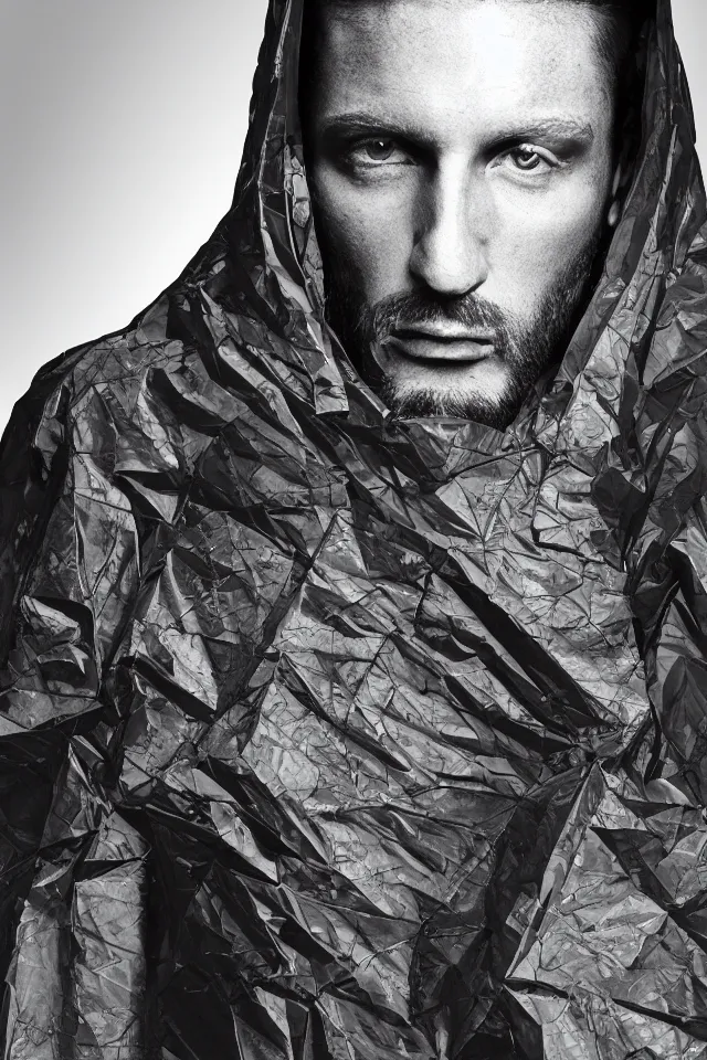 Prompt: realistic render, digital fashion, with Steve buacemi in tactical poncho designed by alexander mcqueen and acronym, rim light, high key, ultra detailed, hyperdetailed, dark backdrop