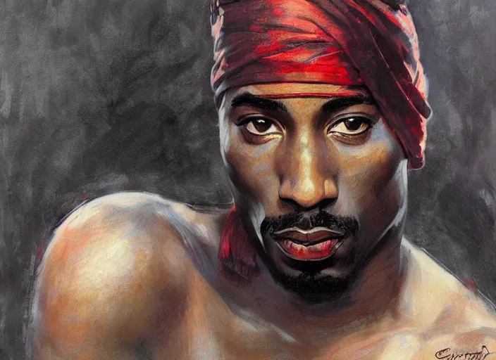 Image similar to a highly detailed beautiful portrait of tupac shakur as kratos, by gregory manchess, james gurney, james jean