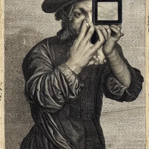 Prompt: a picture of a man holding a digital camara in the year 1 6 0 0, realism, highly detailed,