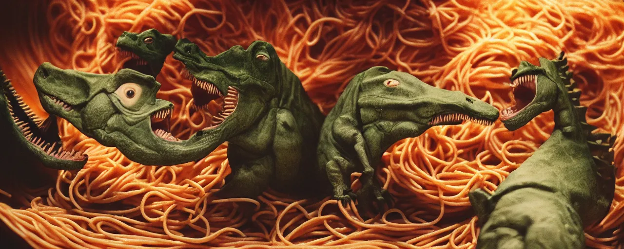 Image similar to two dinosaurs fighting to the death, inside a bowl of spaghetti, canon 5 0 mm, cinematic lighting, photography, retro, film, kodachrome