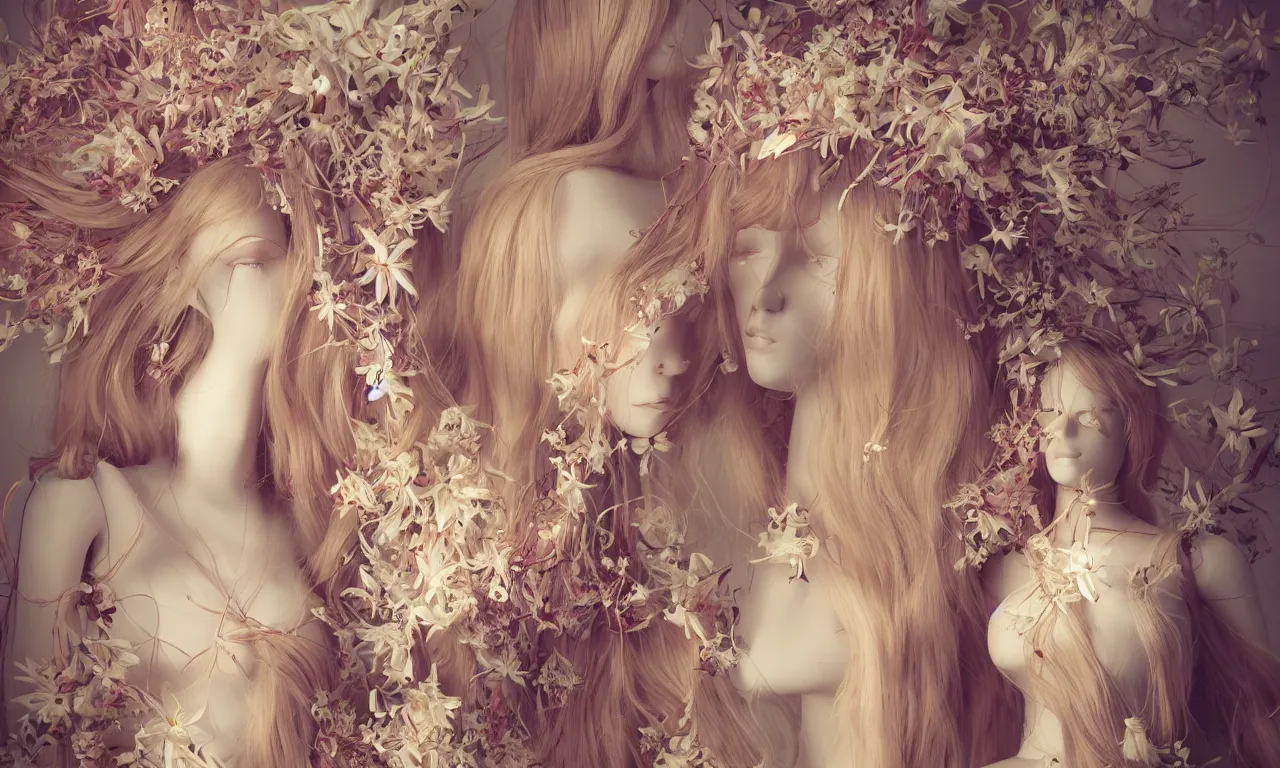 Prompt: a portrait of a beautiful female mannequin, a jointed wooden art doll with long flowing hair, holding each other, big lilies, big moths, lily flowers, by Beeple, trending on Artstation, highly detailed, volumetric lighting, digital painting