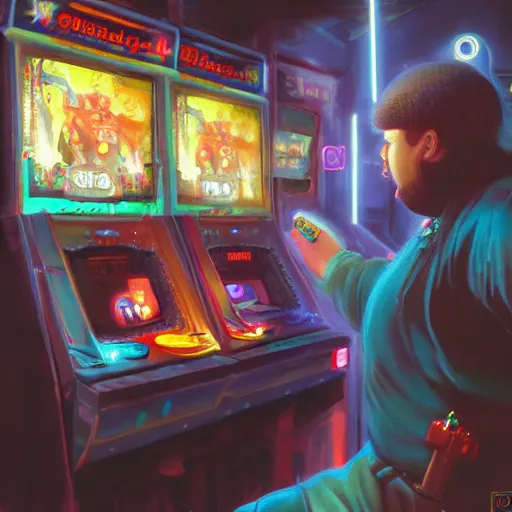Prompt: fat d & d nerd in arcade, oil painting, 8 k, cyberpunk,