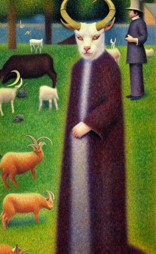 Image similar to a bipedal cat that has two goat horns and is wearing robes, matte oil painting, by georges seurat, d & d, character reveal, fantasy, concept art, cosmic, magical, fog, noble, full body portrait, intricate, ornate, extremely detailed, cult, ritual, sharp focus, 4 k, 8 k