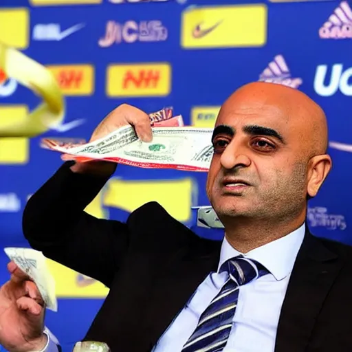 Prompt: nasser al - khelaifi giving ton load of cash to gianni infantino