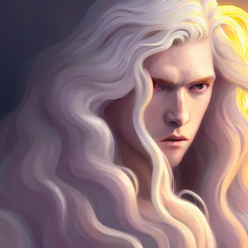 Prompt: Lucius the pale blond androgynous god of the sun, highly detailed, very very very long curly blond hair, extremely luscious curly blond hair, baroque curls, very very very pale white skin, digital painting, artstation, concept art, soft light, sharp focus, illustration