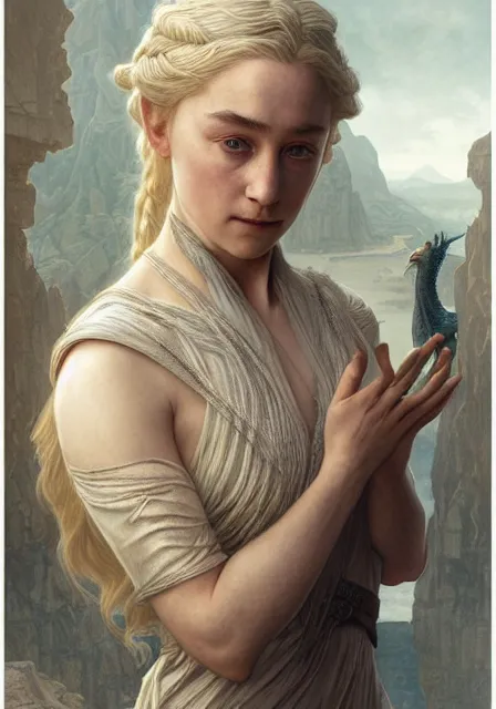 Image similar to daenerys saoirse ronan, intricate, elegant, highly detailed, digital painting, artstation, concept art, smooth, sharp focus, illustration, art by artgerm and greg rutkowski and alphonse mucha and william - adolphe bouguereau