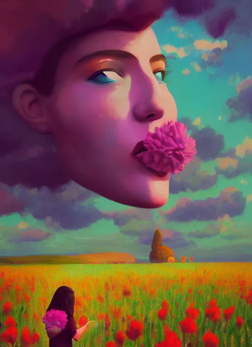 Image similar to woman with a giant carnation as a face, flower field, surreal photography, sunset dramatic light, impressionist painting, colorful clouds, blue sky, digital painting, artstation, simon stalenhag