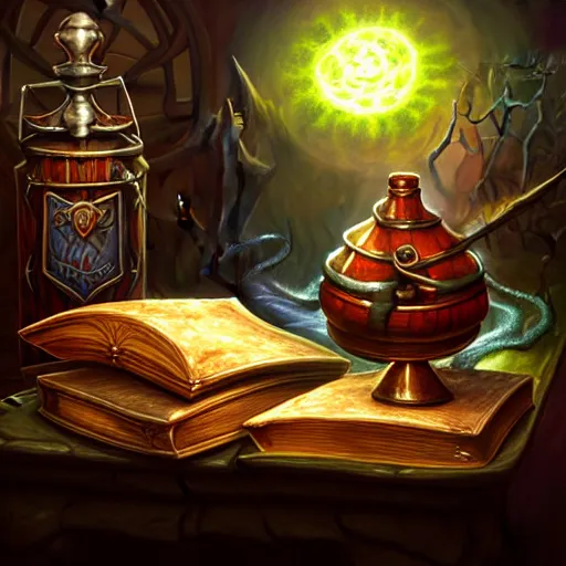 Prompt: photorealistic, table, wizards laboratory, mortar, pestle, scales, magic book, tony sart,