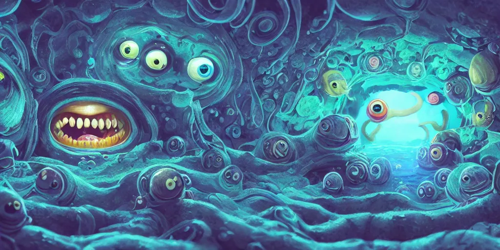 Image similar to of an intricate deep sea with strange cute friendly happy creatures with huge eyes, mouth, long tongue, round teeth and goofy face, appearing from the background, in the style of gehry and gaudi, macro lens, shallow depth of field, ultra detailed, digital painting, trending artstation, concept art, illustration, cinematic lighting, photorealism, epic, octane render