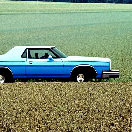 Image similar to A photograph of a beater!!!!!!!!! Powder Blue Dodge Aspen (1976) in a farm field, photo taken in 1989