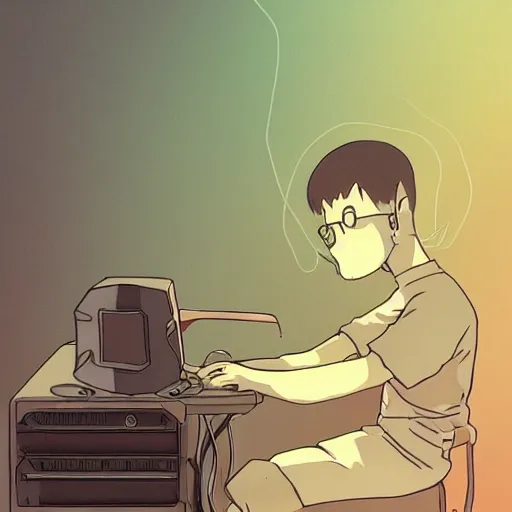 Image similar to a guy connected to his computer with wires and tubes, dystopian, ghibli studio, trending on artstation, hayao miyazaki art,