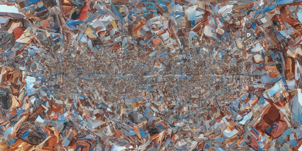 Image similar to three point perspective, 3 6 0 panorama escher style pattern of colorful faces with the texture of old rust