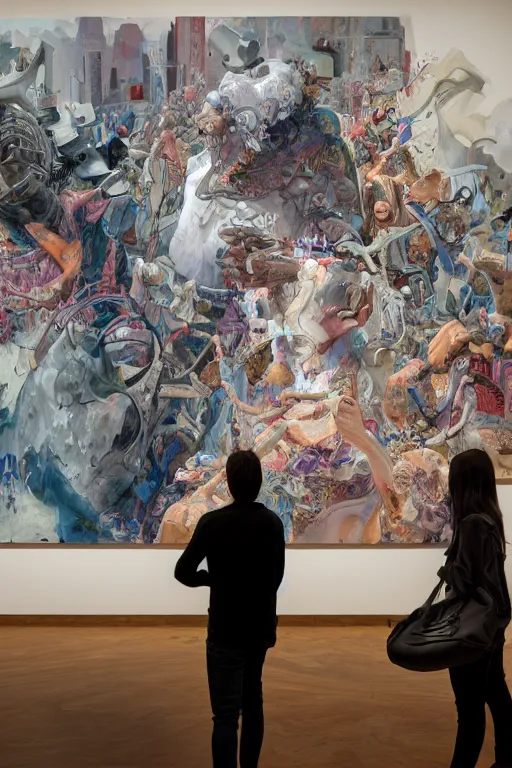 Image similar to Oil painting of people looking at a large graffiti painting in a contemporary museum, intricate, highly detailed, smooth, artstation, painting by moebius and james jean and Artgerm and yoshitaka Amano and Greg Rutkowski and Zdislav Beksinski