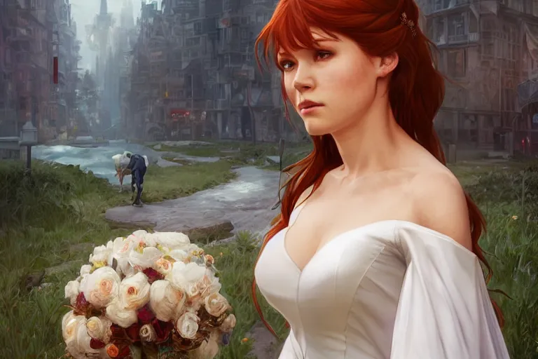 Prompt: mary jane watson in a wedding dress, cg animation, riot entertainment, arcane, realistic, character select portrait, by artgerm, greg rutkowski, alphonse mucha, 3 d