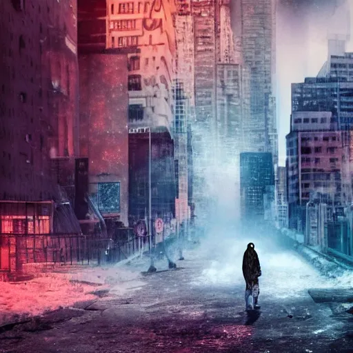 Prompt: a ice masked giants on the streets of dystopian megalopolis, digital art, photo-realistic, dramatic colors, 4k