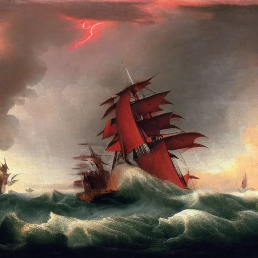 Prompt: 17th century frigate in a storm, turbulent waves, lightning in the background, crimson tint. Carl Friedrich