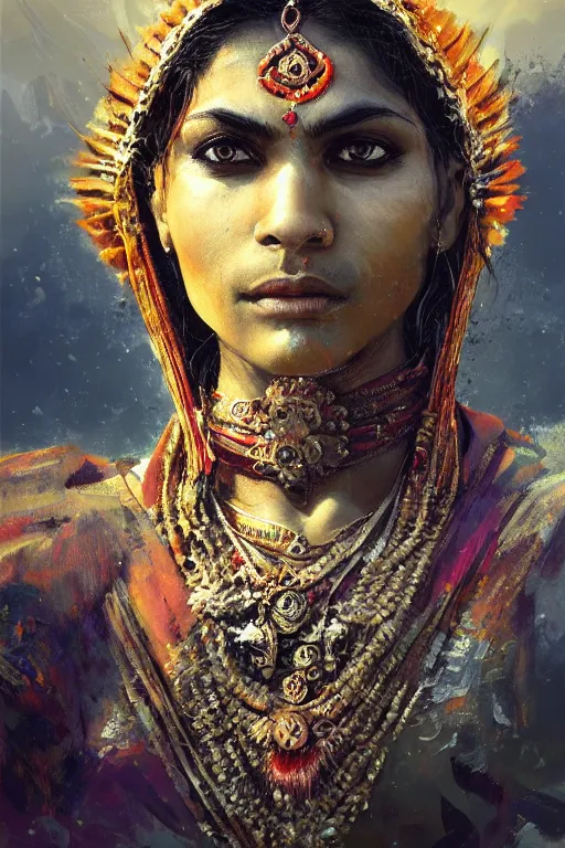 Image similar to hindu warrior, close - up portrait, fierce, intricate, elegant, volumetric lighting, scenery, digital painting, highly detailed, artstation, sharp focus, illustration, concept art, ruan jia, steve mccurry