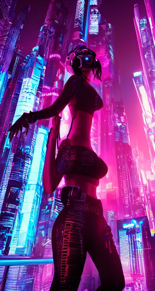 Image similar to cyberpunk women, high detail, city, neon lights, glow, sunset, atmospheric, cinematic, in style of retrowave ,