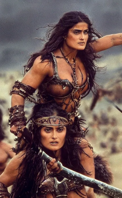 Image similar to epic photo of muscular salma hayek as beautiful barbarian warrior princess wearing leather armor and fur cloak in a battle scene with hundreds of warriors behind her, sweaty, detailed eyes, neutral expression, depth of field, photorealistic, cinematic lighting, lovely bokeh, warm colours, dusk, movie quality, conan the destroyer 1 9 8 5, movie still, cinemascope