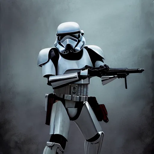 Image similar to a long shot of an imperial stormtrooper in battle position ready to shoot his blaster concept art by Doug Chiang cinematic, realistic painting, high definition, very detailed, extremely high detail, photo realistic, concept art, the Mandalorian concept art style