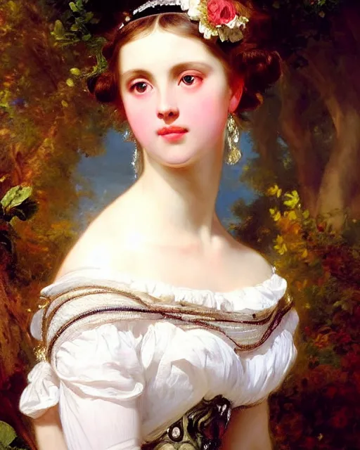 Prompt: a beautiful portrait of a young and beautiful princess with gentle eyes, art by franz xaver winterhalter, highly detailed, elegant, romanticism, neoclassicism, 1 8 5 0 s style painting, oil on canvas, vivid