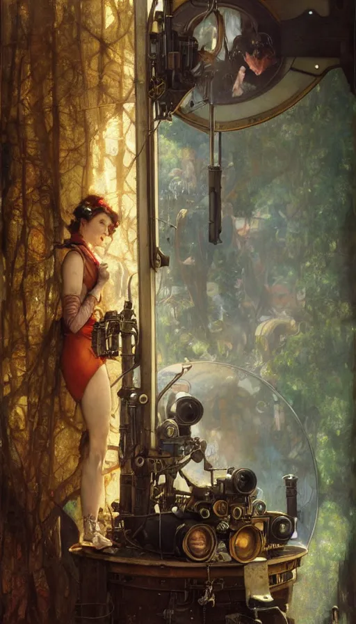 Prompt: hyper realistic photographer looking through camera towards viewer, magical, steampunk, painted by james gurney, norman rockwell, tom bagshaw, mucha, gaston bussiere, craig mullins, j. c. leyendecker 8 k