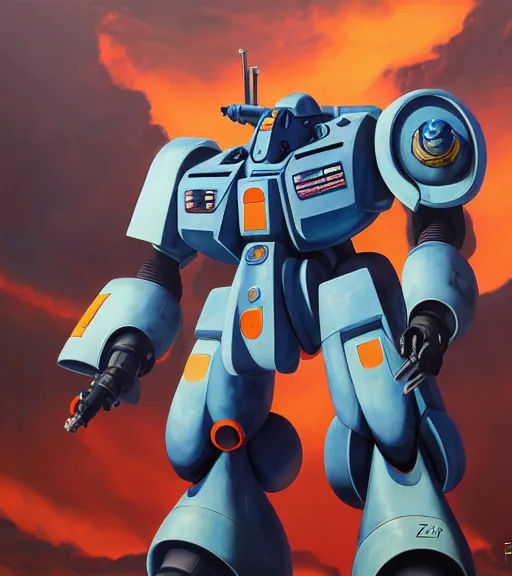 Image similar to scifi painting of gouf mobile suit by dariusz zawadzki, kenneth blom, mental alchemy, james jean, pablo amaringo, naudline pierre, contemporary art, totalitarian